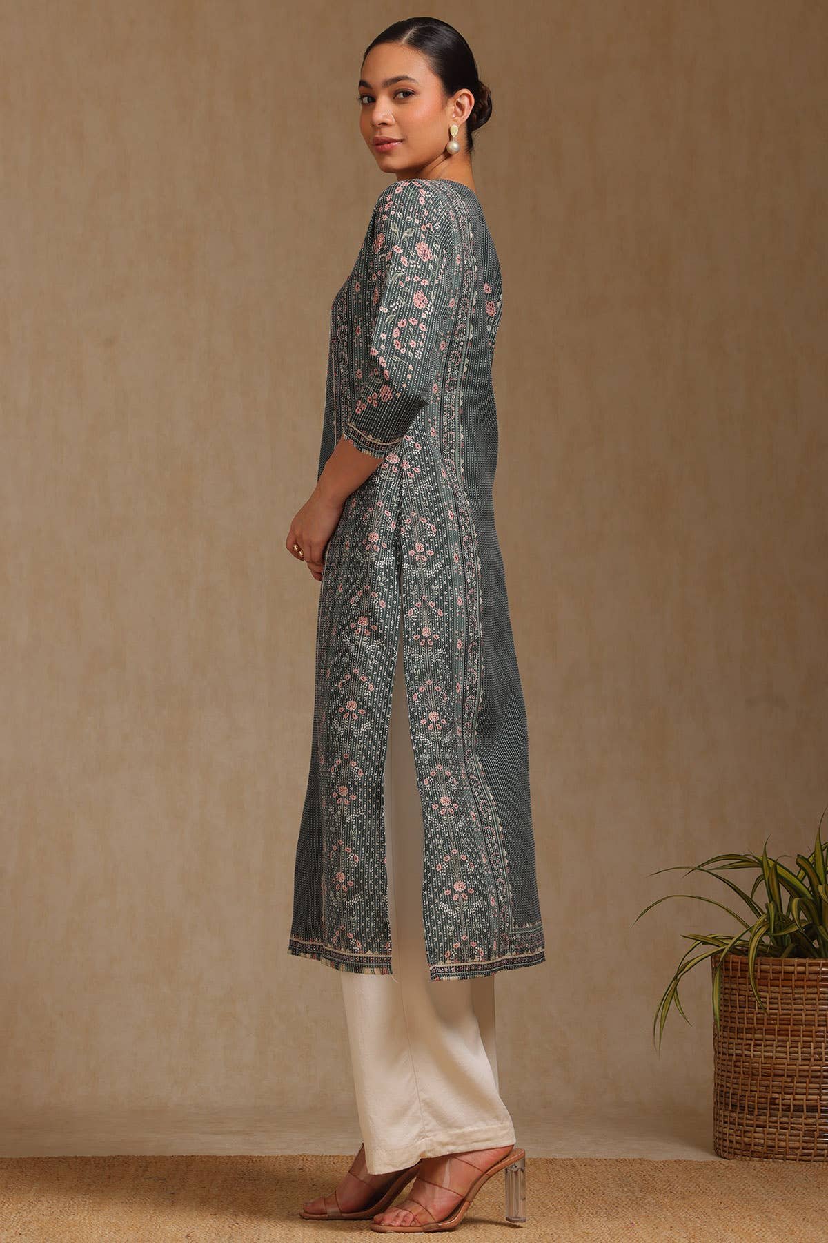 Olive Rayon Botanical Printed Kurta With Mirror Work - Image 3
