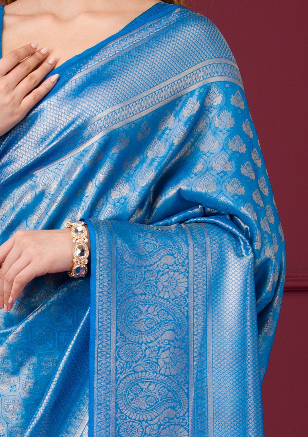 Turquoise Blue Zariwork Art Silk Saree - Image 2